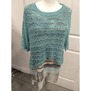 Cristina Aqua Crochet Knit Sweater and Abstract Tunic-L